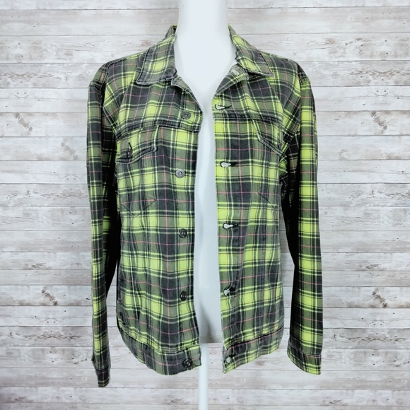Ragged Jeans Denim Jacket Plaid Black Yellow Q - Picture 1 of 7